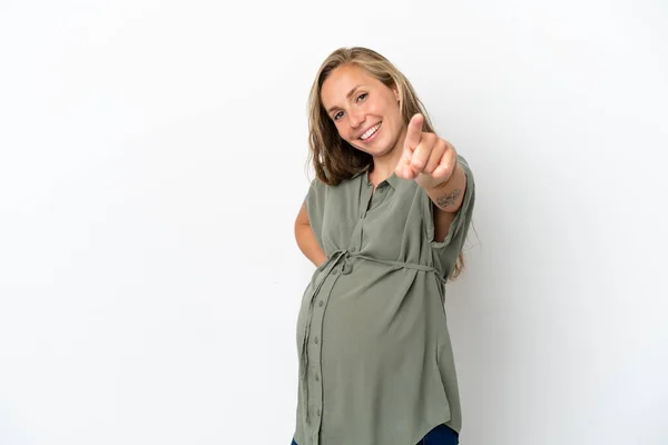 Jonge Blanke Vrouw Geïsoleerd Witte Achtergrond Zwanger Wijzen Naar Voorkant — Stockfoto