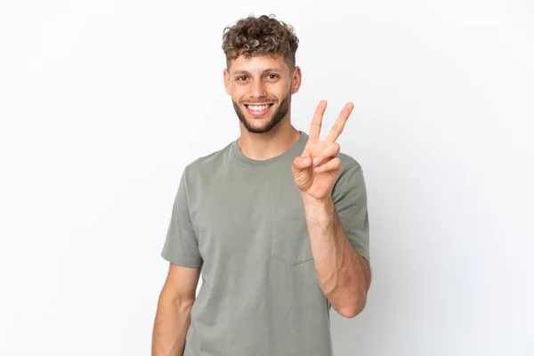 Young Caucasian Handsome Man Isolated White Background Smiling Showing Victory — Stock Photo, Image