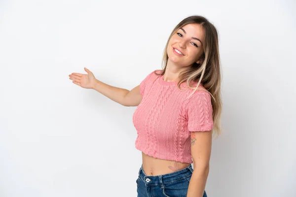 Young Romanian Woman Isolated White Background Extending Hands Side Inviting — Stock Photo, Image