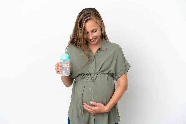 Mladá Běloška Žena Izolované Bílém Pozadí Těhotné Drží Láhev Krmení — Stock fotografie