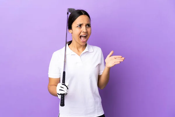 Young Golfer Woman Isolated Colorful Background Surprise Facial Expression — Stock Photo, Image