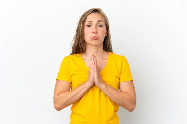 Jonge Blanke Vrouw Geïsoleerd Witte Achtergrond Houdt Palm Bij Elkaar — Stockfoto