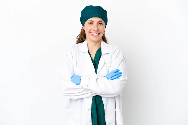 Chirurg Běloška Žena Zelené Uniformě Izolované Bílém Pozadí Udržet Paže — Stock fotografie