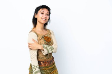 Genç Uruguaylı kız soyutlanmış beyaz arka plan gülüyor