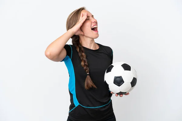 Jeune Footballeuse Femme Isolée Sur Fond Blanc Souriant Beaucoup — Photo