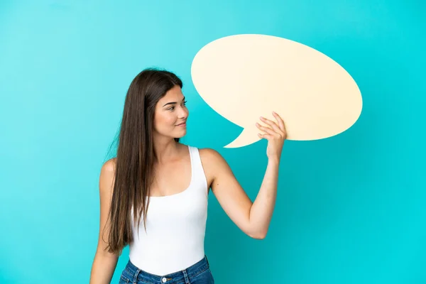 Young Brazilian Woman Isolated Blue Background Holding Empty Speech Bubble — Stock Photo, Image