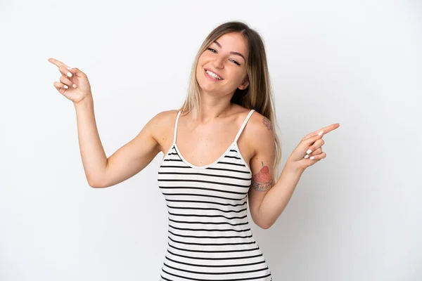 Young Romanian Woman Isolated White Background Pointing Finger Laterals Happy — Stock Photo, Image