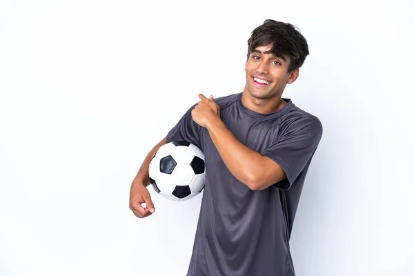 Bonito Jovem Jogador Futebol Homem Isolado Fundo Branco Apontando Para — Fotografia de Stock