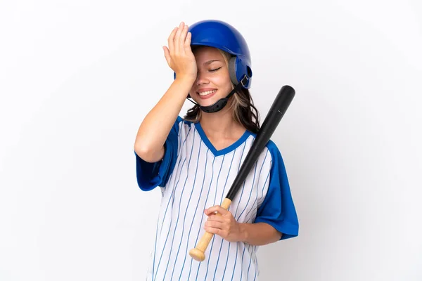 Baseball Ruská Dívka Hráč Helmou Pálkou Izolované Bílém Pozadí Uvědomil — Stock fotografie