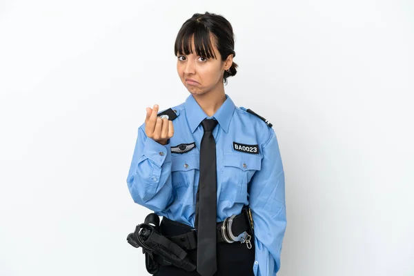 若い警察混合人種の女性隔離された背景作るお金ジェスチャー — ストック写真