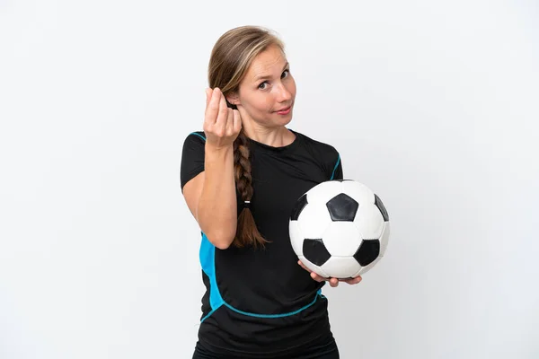 Młody Piłkarz Kobieta Odizolowany Białym Tle Pieniądze Gest — Zdjęcie stockowe