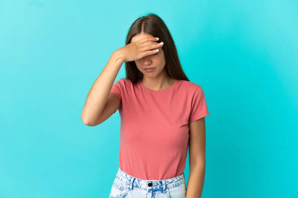 Giovane Donna Isolato Sfondo Blu Con Mal Testa — Foto Stock