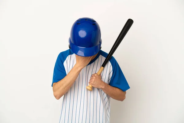 Young Caucasian Man Playing Baseball Isolated White Background Tired Sick — Stock Photo, Image