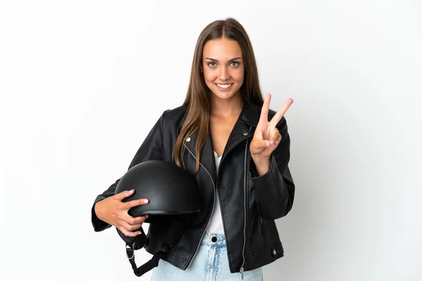 Woman Motorcycle Helmet Isolated White Background Smiling Showing Victory Sign — Stock Photo, Image