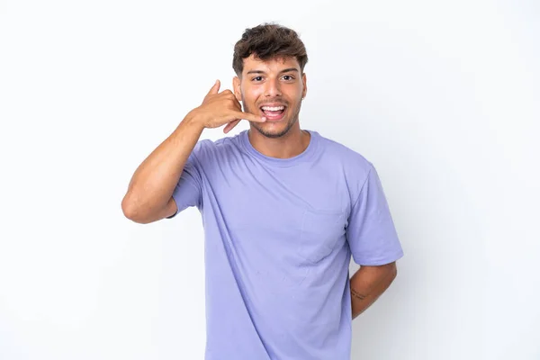 Jovem Caucasiano Bonito Homem Isolado Fundo Branco Fazendo Gesto Telefone — Fotografia de Stock