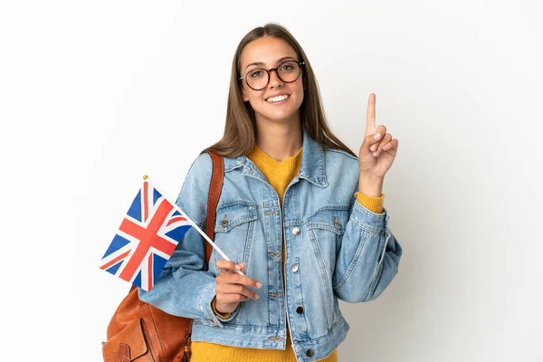 Mujer Hispana Joven Sosteniendo Una Bandera Del Reino Unido Sobre — Foto de Stock