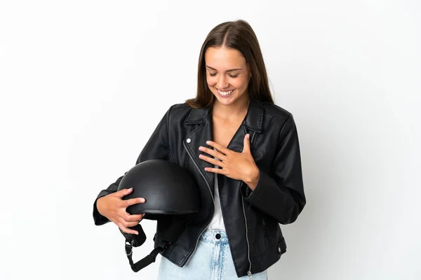 Žena Motocyklovou Helmou Přes Izolované Bílé Pozadí Úsměvem Hodně — Stock fotografie