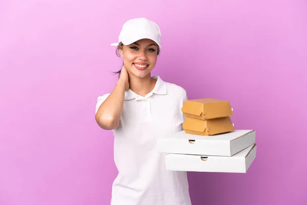 Livraison Pizza Fille Russe Avec Uniforme Travail Ramasser Des Boîtes — Photo