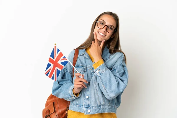 Mujer Hispana Joven Sosteniendo Una Bandera Del Reino Unido Sobre — Foto de Stock