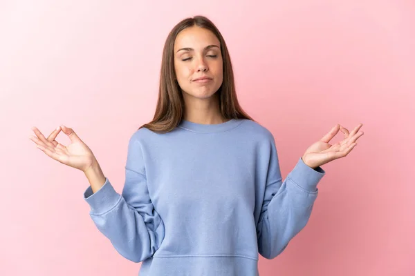 Young Woman Isolated Pink Background Zen Pose — Stock Photo, Image