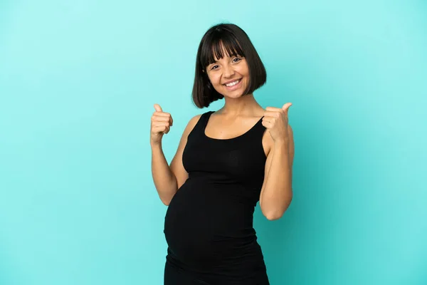 Femme Sur Fond Isolé Enceinte Pouce Levé — Photo