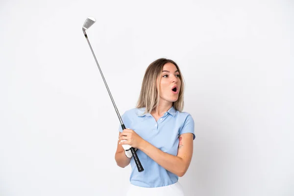 Young Romanian Woman Isolated White Background Playing Golf — Stock Photo, Image