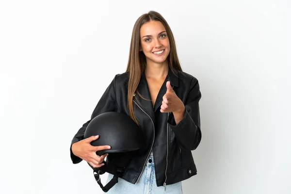 女性とともにオートバイヘルメット上の隔離された白い背景シャーキング手のために閉じますA良い取引 — ストック写真