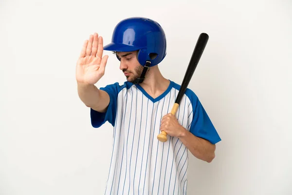 Young Caucasian Man Playing Baseball Isolated White Background Making Stop — Stock Photo, Image