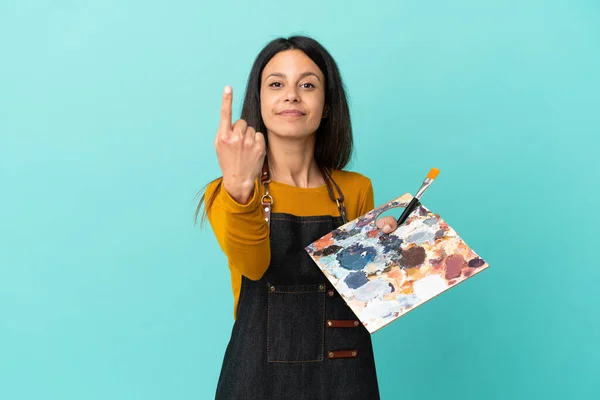 Joven Artista Caucásica Mujer Sosteniendo Una Paleta Aislada Sobre Fondo —  Fotos de Stock