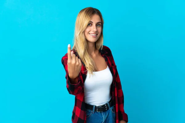 Junge Blonde Uruguayische Frau Mit Isoliertem Hintergrund Macht Kommende Geste — Stockfoto