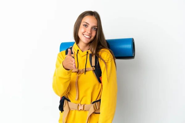 Jovem Montanhista Mulher Com Uma Grande Mochila Sobre Fundo Branco — Fotografia de Stock