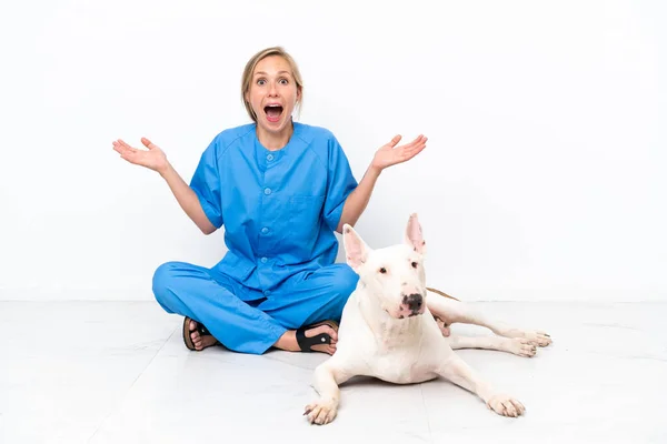 Молодая Ветеринар Английская Женщина Сидит Полу Собакой Шокированным Выражением Лица — стоковое фото