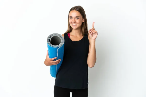 Mujer Deportiva Yendo Clases Yoga Mientras Sostiene Una Esterilla Sobre —  Fotos de Stock