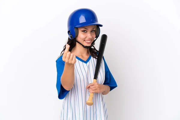 Baseball Rusky Dívka Hráč Helmou Pálkou Izolované Bílém Pozadí Vydělávat — Stock fotografie