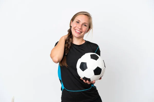 Jovem Jogador Futebol Mulher Isolada Fundo Branco Rindo — Fotografia de Stock