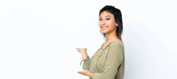 Jeune Fille Uruguayenne Sur Fond Blanc Isolé Étendant Les Mains — Photo