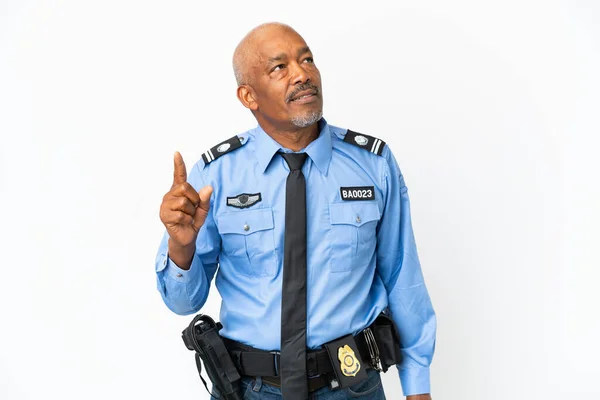 Молодий Поліцейський Ізольований Білому Тлі Думаючи Ідея Спрямовує Палець Вгору — стокове фото