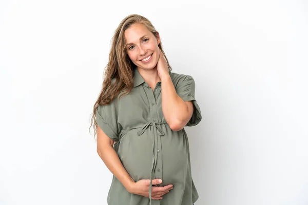 白人の背景に孤立した若い白人女性妊娠中で幸せ — ストック写真