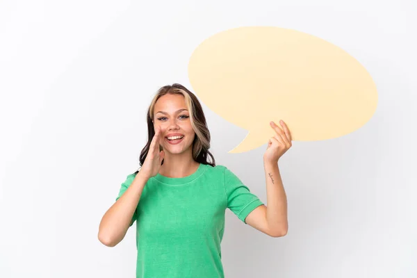 Teenager Russian Girl Isolated Blue Background Holding Empty Speech Bubble — Stock Photo, Image