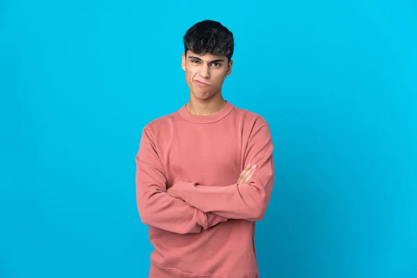 Young Man Isolated Blue Background Unhappy Expression — Stock Photo, Image