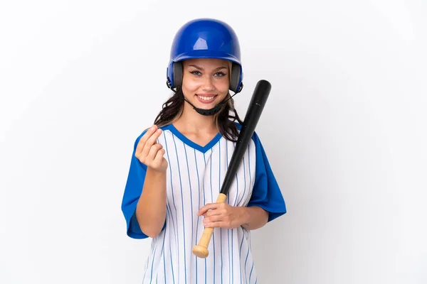 Baseball Rusky Dívka Hráč Helmou Pálkou Izolované Bílém Pozadí Vydělávat — Stock fotografie