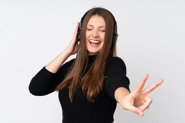 Adolescente Caucasiano Menina Isolado Fundo Branco Ouvir Música Canto — Fotografia de Stock