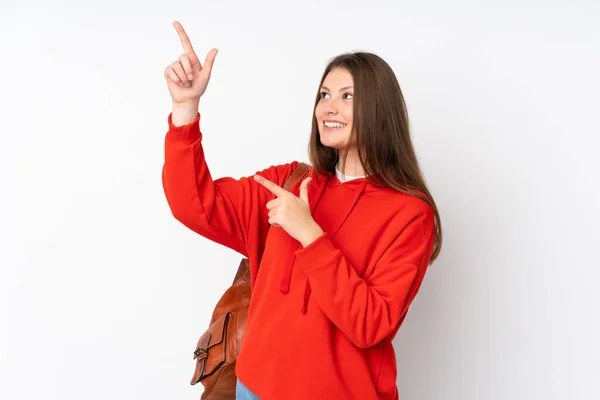 Tiener Kaukasische Student Meisje Geïsoleerd Witte Achtergrond Wijzend Met Wijsvinger — Stockfoto
