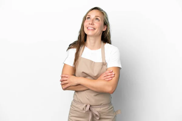 Restauracja Kelner Kaukaska Kobieta Odizolowany Białym Tle Patrząc Górę Podczas — Zdjęcie stockowe
