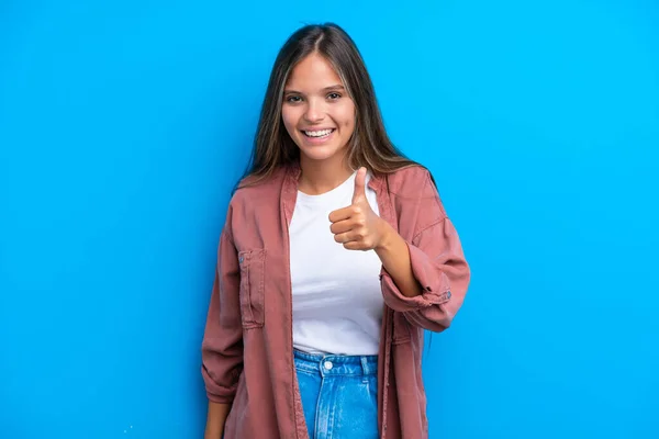 Joven Mujer Caucásica Aislada Sobre Fondo Azul Dando Gesto Pulgar — Foto de Stock