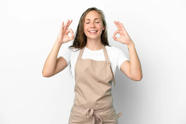 Restaurant Waiter Caucasian Woman Isolated White Background Zen Pose — Stock Photo, Image