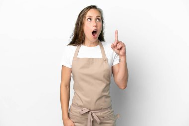 Restoran garsonu, beyaz arka planda izole edilmiş beyaz bir kadın.