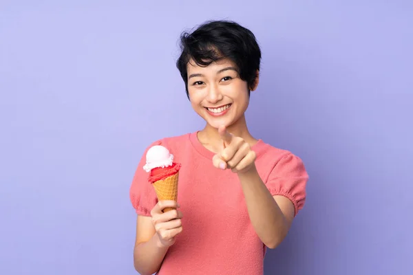 Young Vietnamese Woman Short Hair Holding Cornet Ice Cream Isolated — Stock Photo, Image