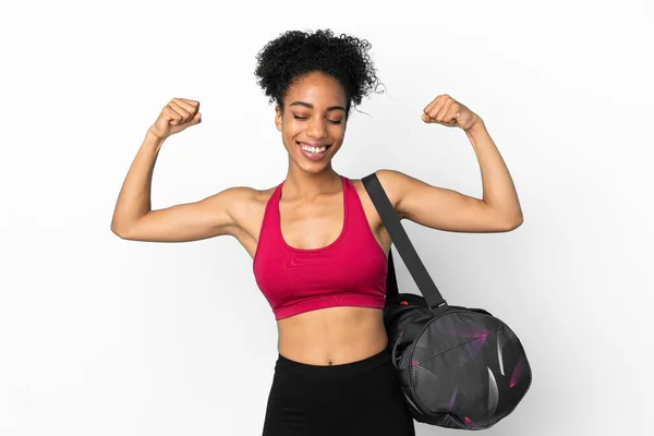 Young Sport African American Woman Sport Bag Isolated Blue Background — Stock Photo, Image