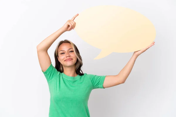 Teenager Russian Girl Isolated Blue Background Holding Empty Speech Bubble — Stock Photo, Image
